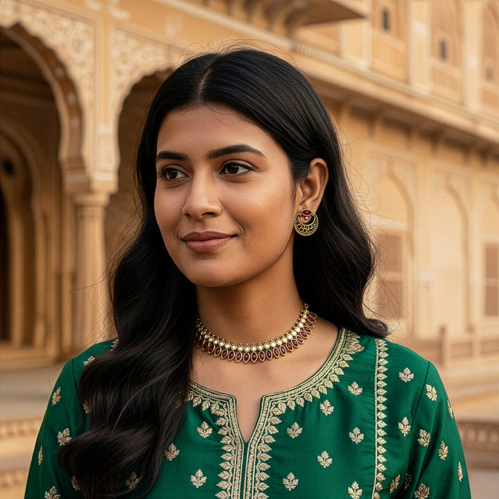 Traditional Antique Gold-Tone Necklace Set with Petal Stones & Crescent Studs