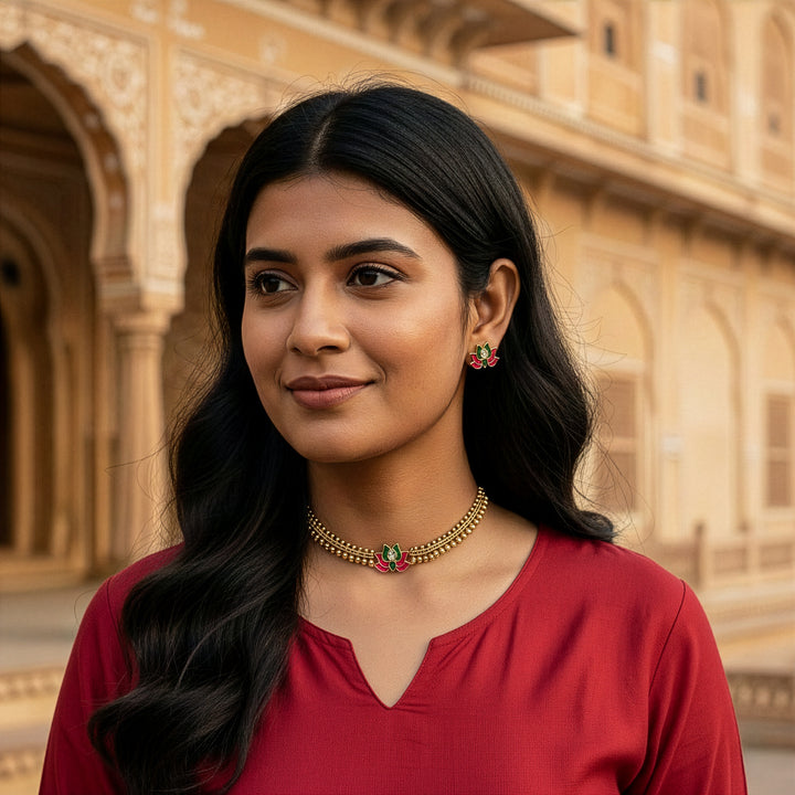 Traditional Meenakari Lotus Choker Necklace Set