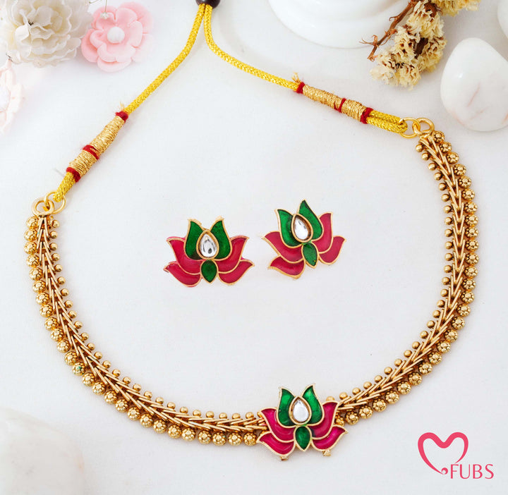 Aesthetic Traditional Beaded Choker Set with Meenakari Lotus Motifs