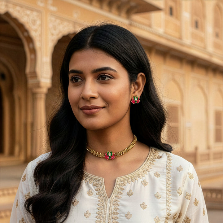 Aesthetic Traditional Beaded Choker Set with Meenakari Lotus Motifs