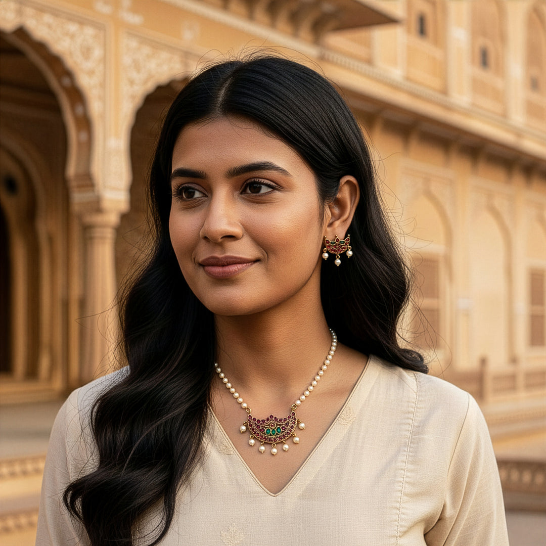 Antique Finish South Indian Pendant Set with Pearls