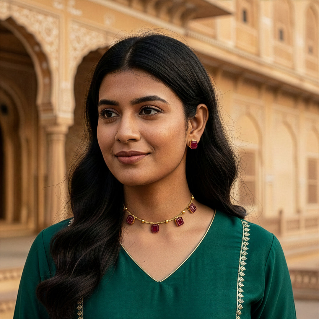 Traditional Bezel-Set Stone Necklace and Earrings Set
