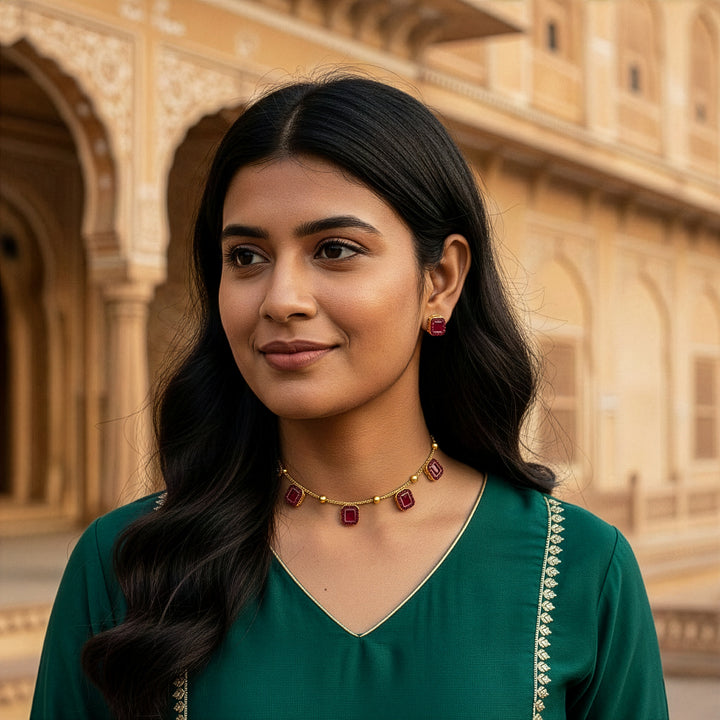 Traditional Bezel-Set Stone Necklace and Earrings Set