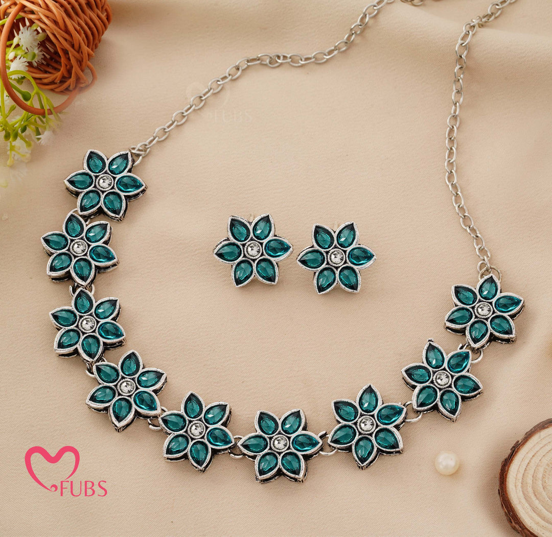 Aesthetic Oxidized Floral Choker Necklace Set