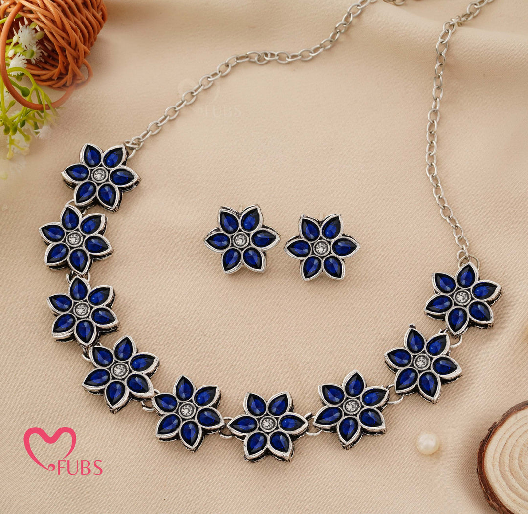 Aesthetic Oxidized Floral Choker Necklace Set