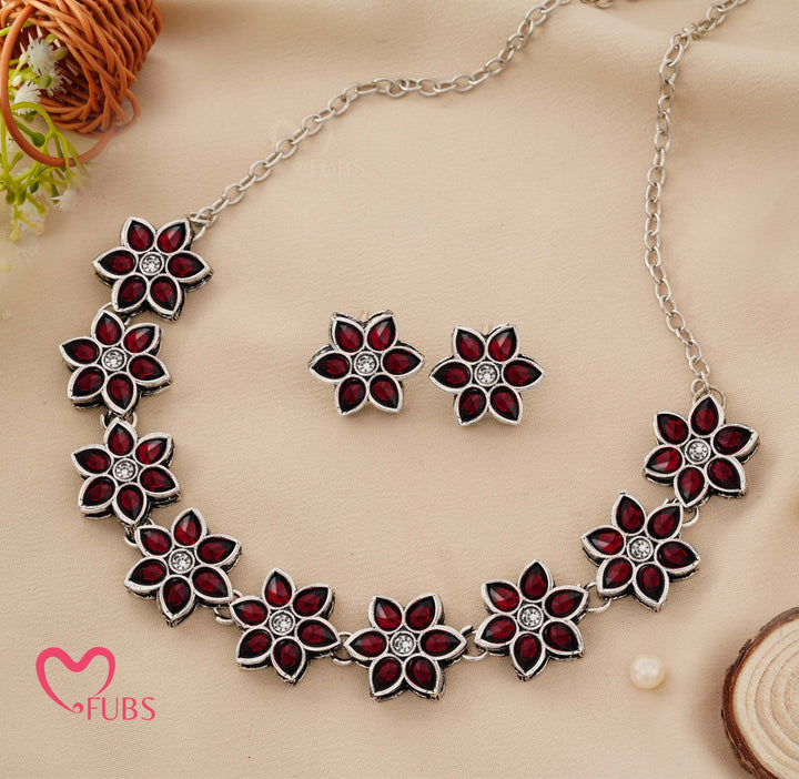 Aesthetic Oxidized Floral Choker Necklace Set