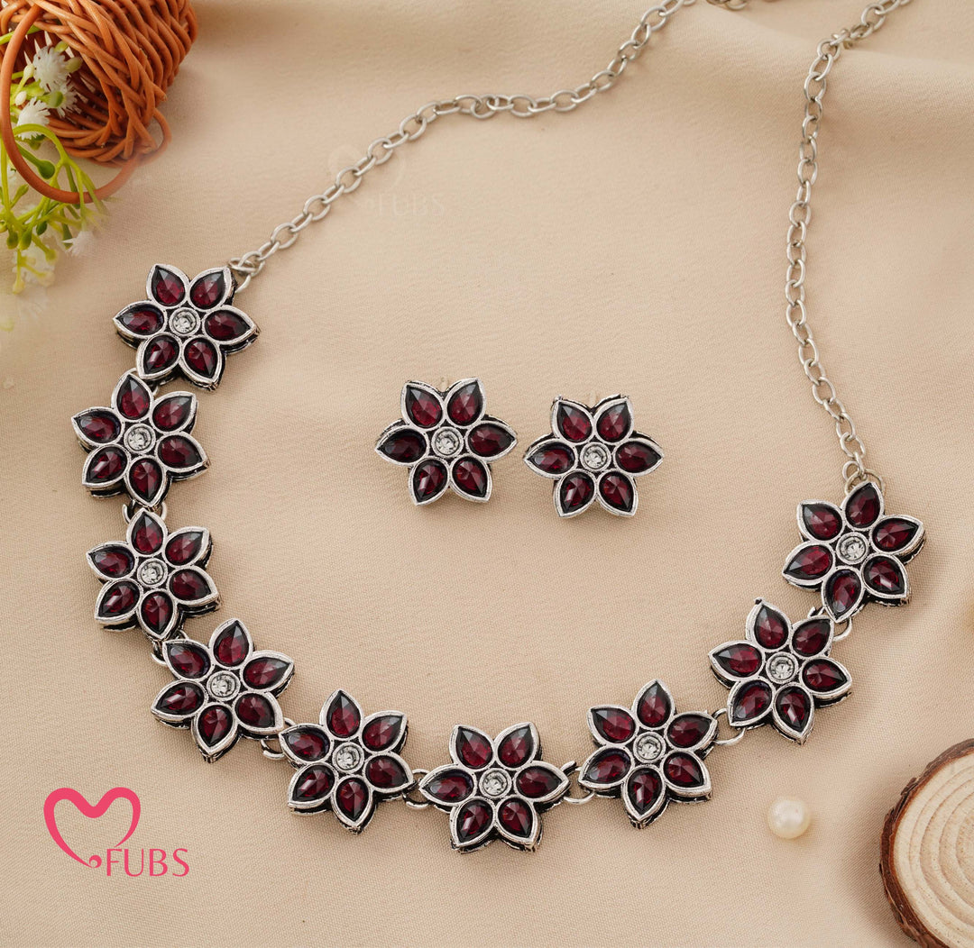 Aesthetic Oxidized Floral Choker Necklace Set
