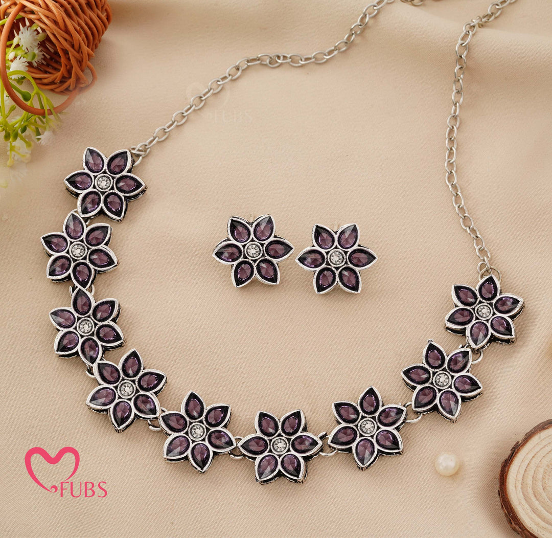 Aesthetic Oxidized Floral Choker Necklace Set
