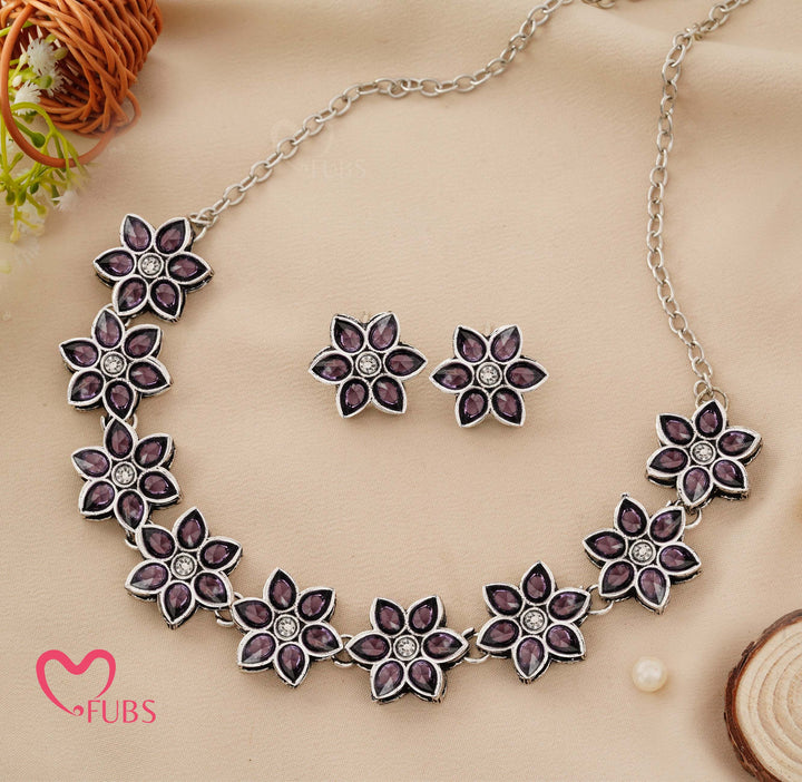 Aesthetic Oxidized Floral Choker Necklace Set