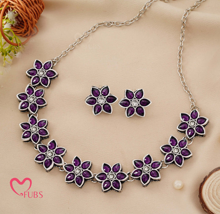 Aesthetic Oxidized Floral Choker Necklace Set