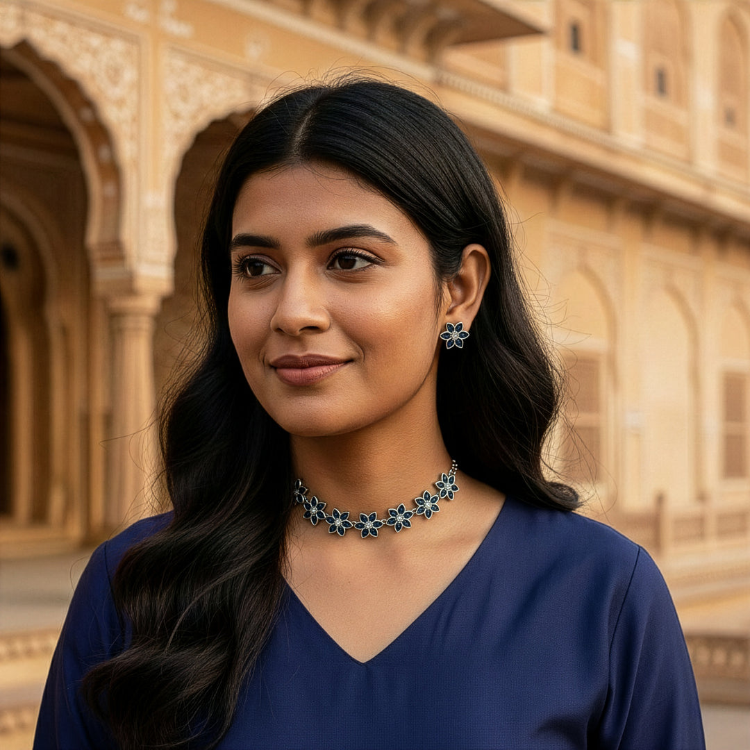 Aesthetic Oxidized Floral Choker Necklace Set