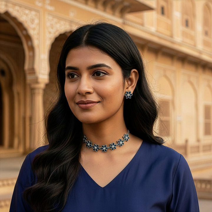 Aesthetic Oxidized Floral Choker Necklace Set