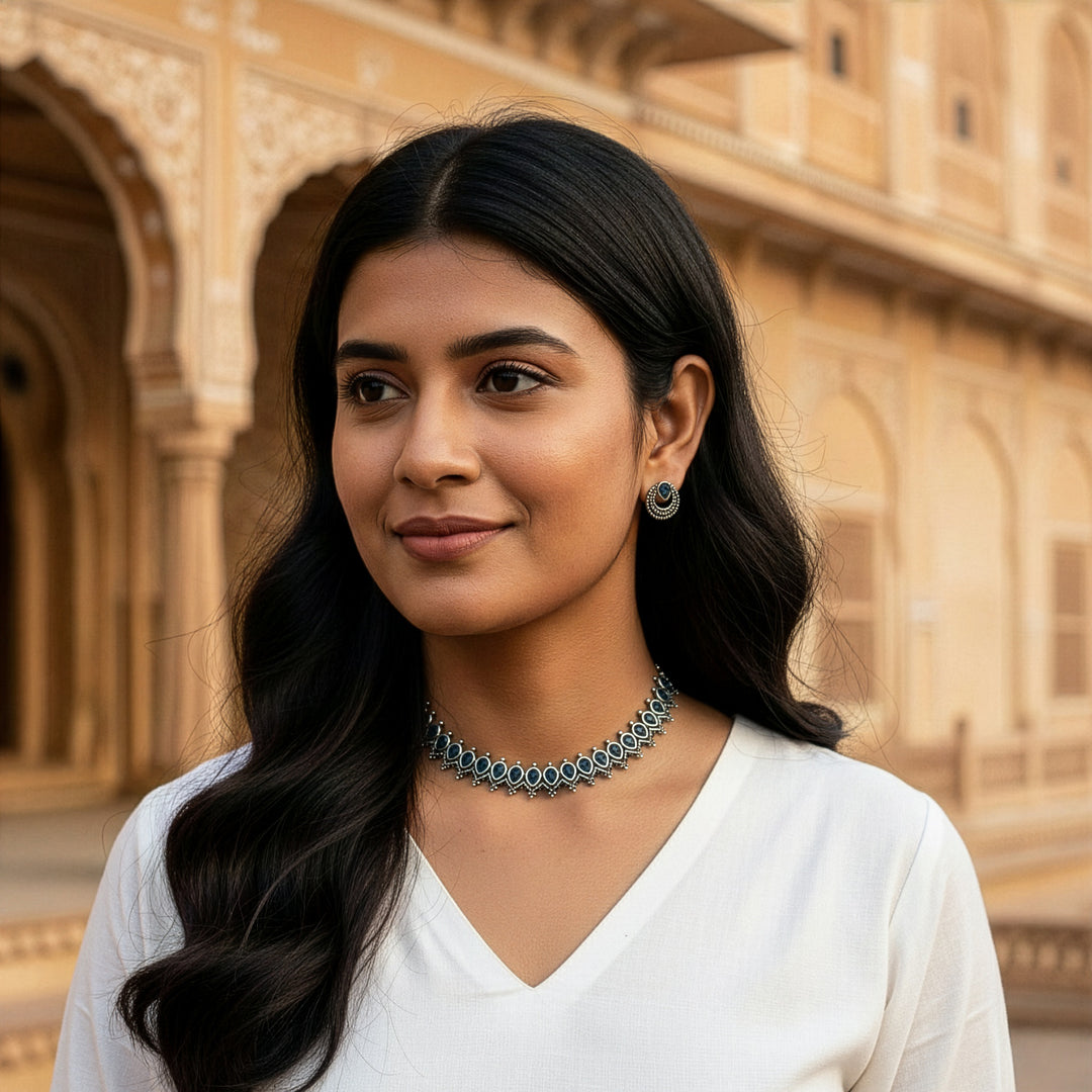 Aesthetic Oxidized Tribal Choker Set with Leaf Motifs