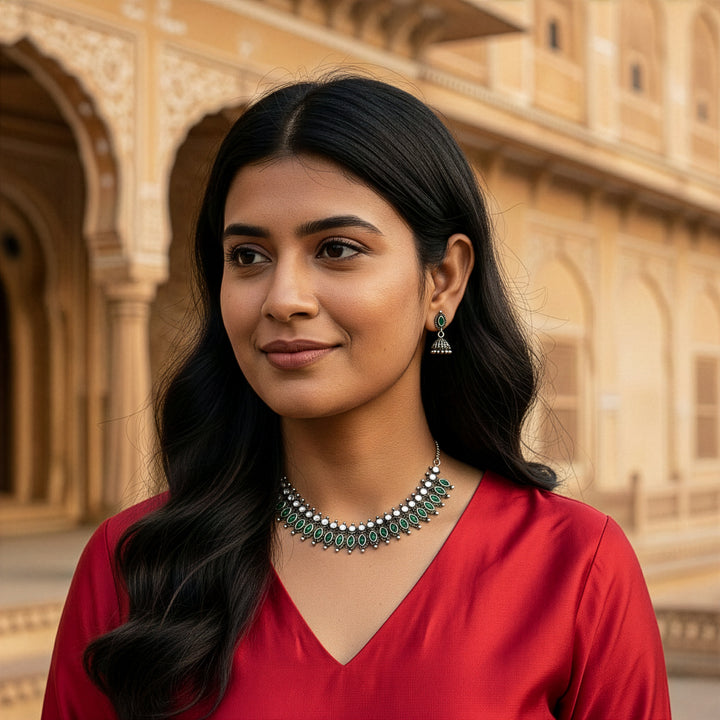 Oxidized Choker Necklace Set with Marquise Stone Motifs
