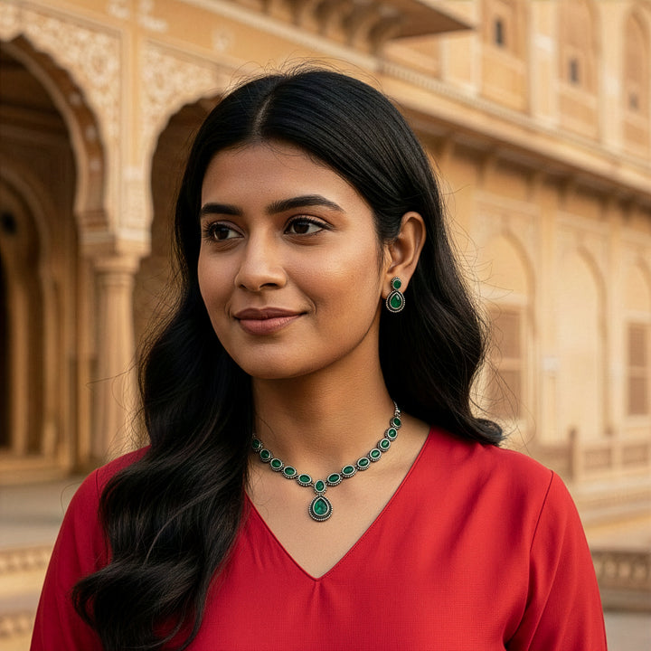 Traditional Oxidized Pendant Set with Oval Stones