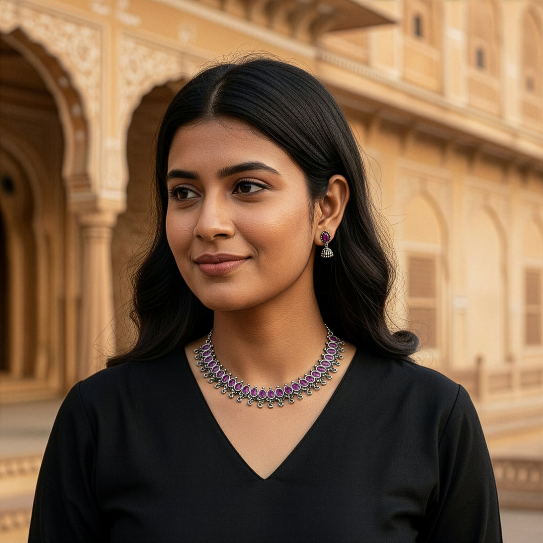 Ornate Oxidized Necklace Set with Leafy Border & Ethnic Jhumkas