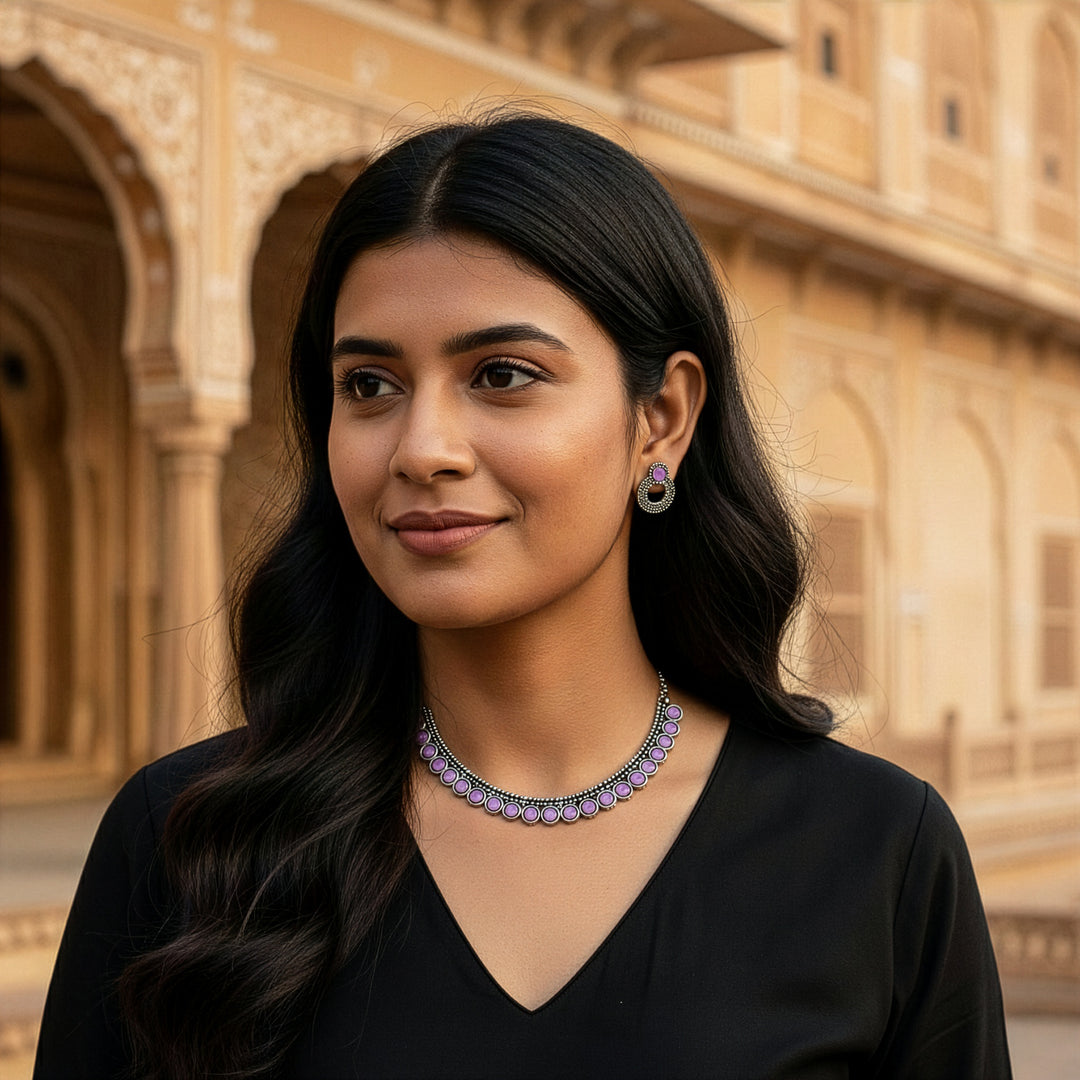 Classic Round Stone Choker Set with Ethnic Stud Earrings