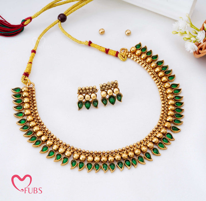 Traditional Beaded Choker with Leaf Motif Stones
