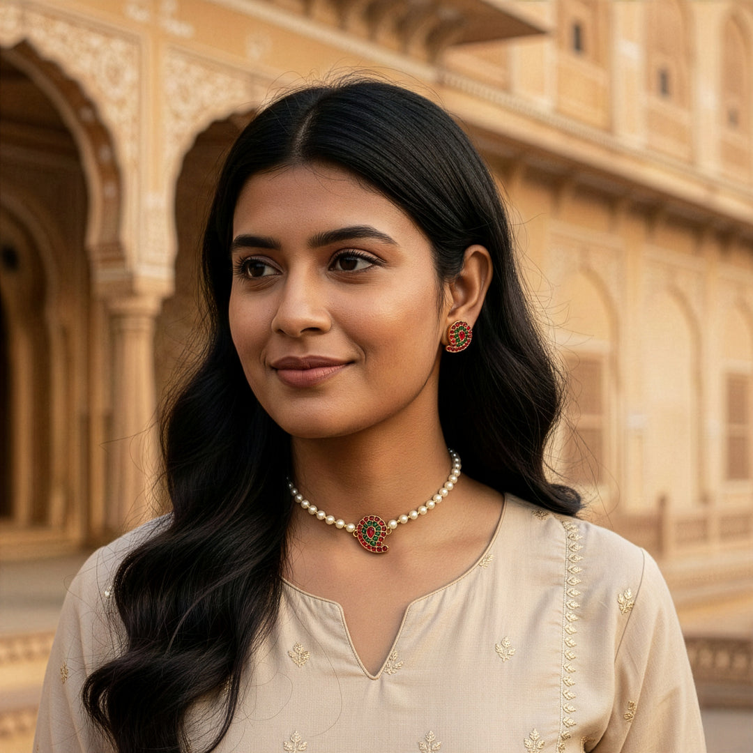 Aesthetic Traditional Pearl Necklace Set with Meenakari Paisley Motif