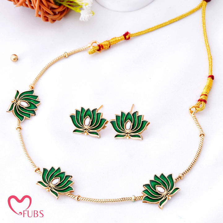 Deep Enamel Lotus Choker Necklace Set (Big)