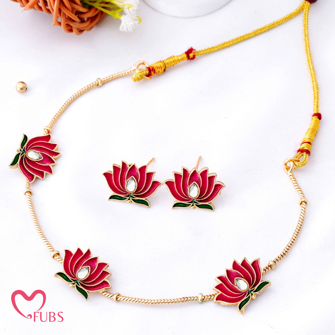 Deep Enamel Lotus Choker Necklace Set (Big)