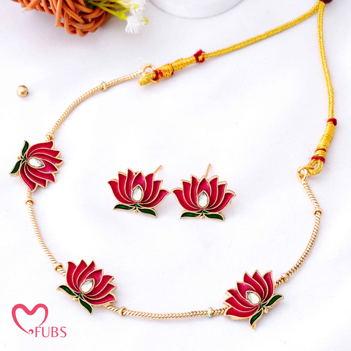 Deep Enamel Lotus Choker Necklace Set (Big)