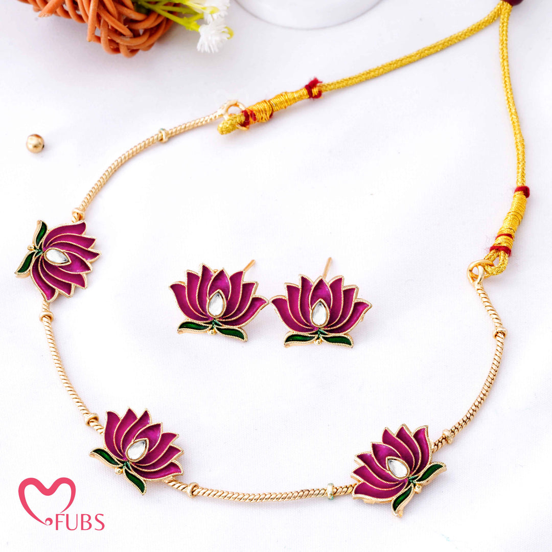 Deep Enamel Lotus Choker Necklace Set (Big)