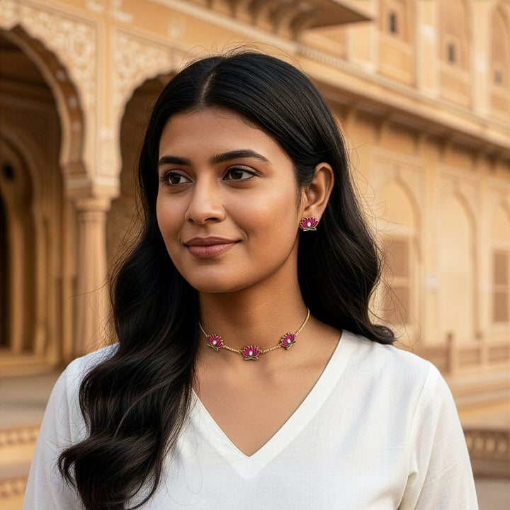 Deep Enamel Lotus Choker Necklace Set (Big)