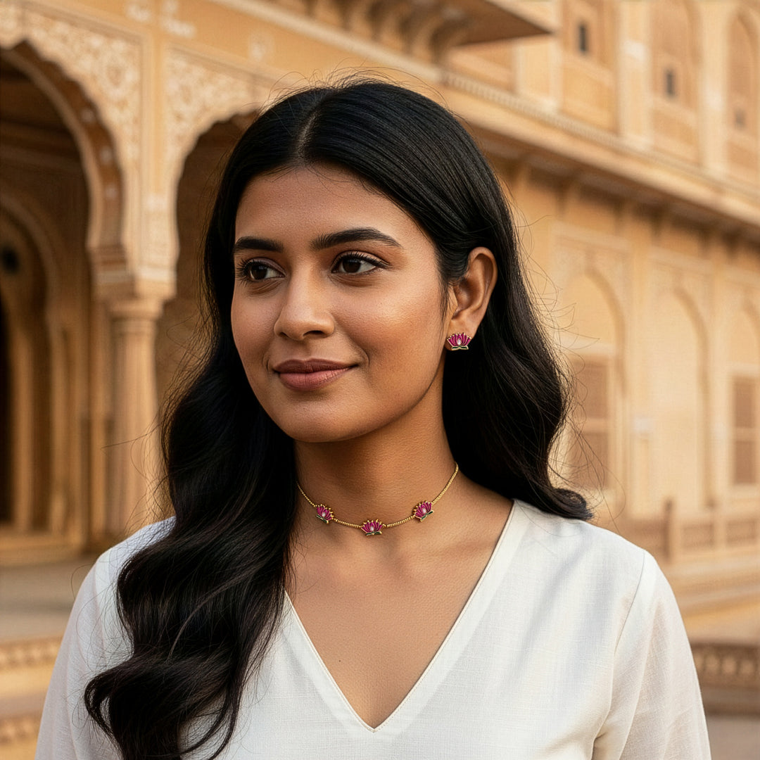 Deep Enamel Lotus Choker Necklace Set (Small)