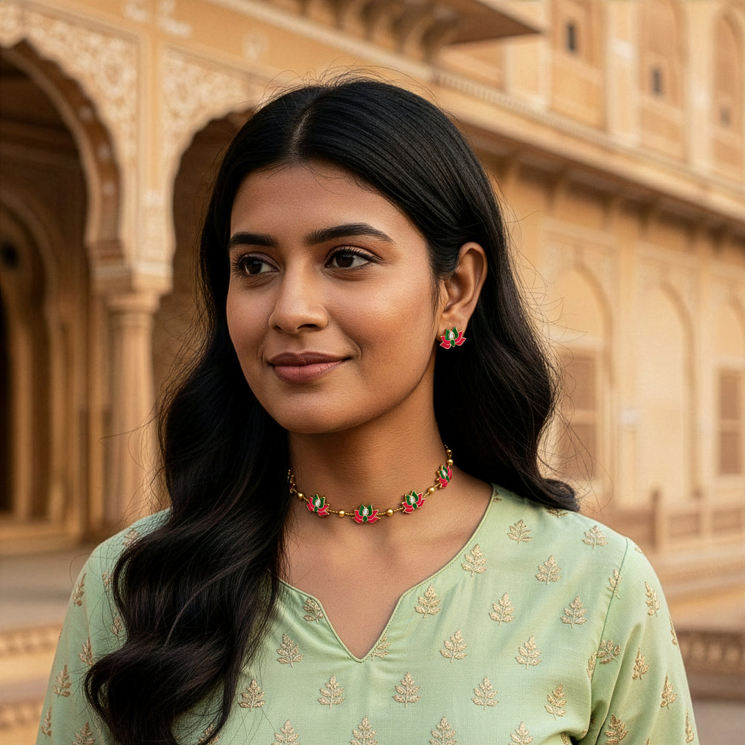 Traditional Spaced Lotus Choker Set - Deep Meenakari Beaded Imitation Jewelry