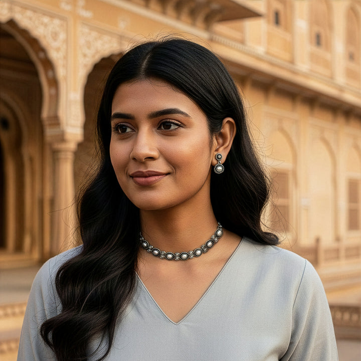 Oxidized Choker Set - Antique Lustrous Aesthetic Stones
