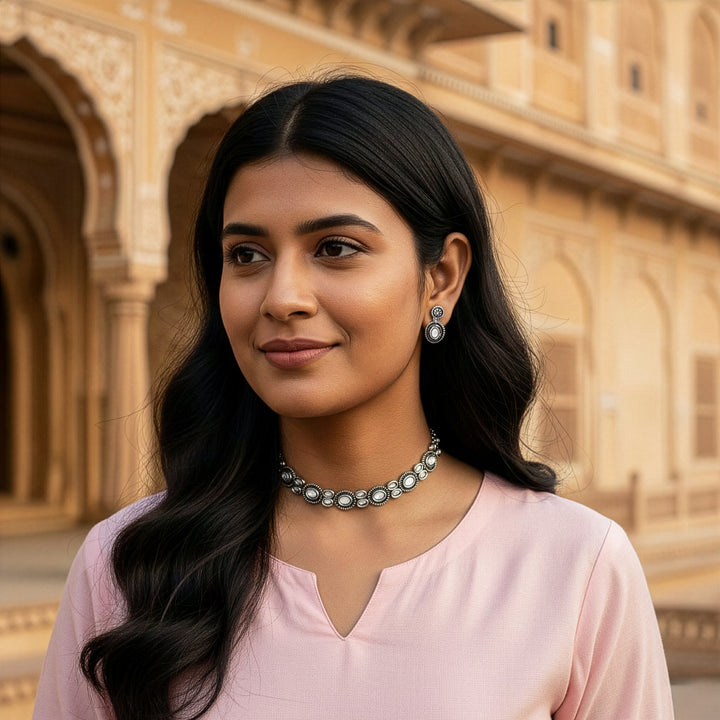 Oxidized Choker Set - Lustrous Ivory Traditional Aesthetic