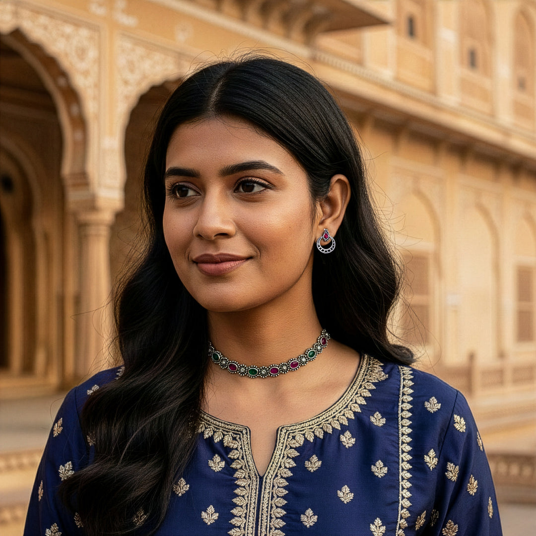 Traditional Oxidized Choker Set with Lustrous Festival Hues