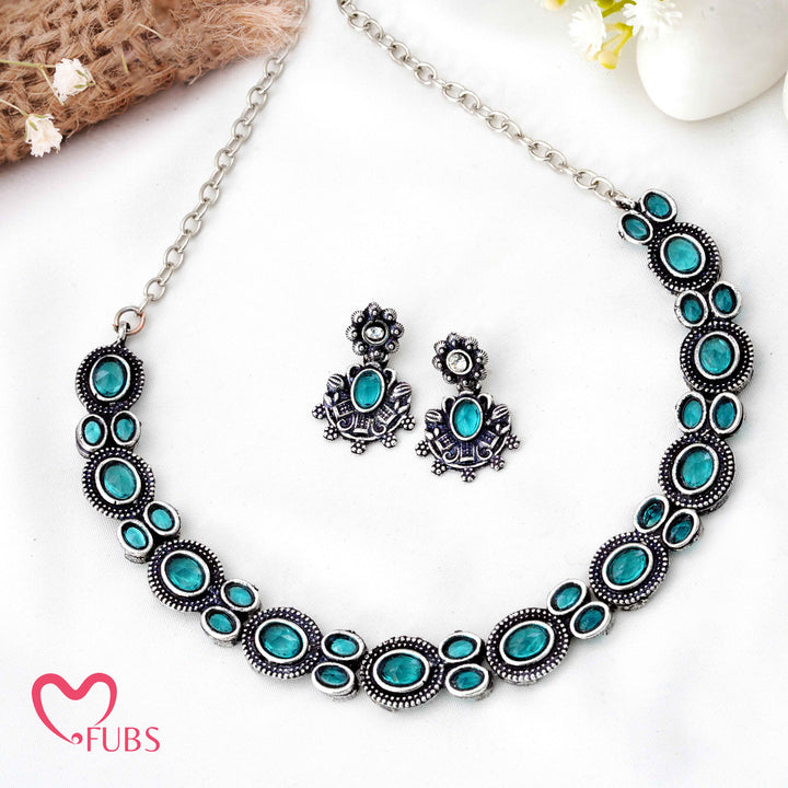 Traditional Single-Hued Oxidized Choker Set - Deep Aquatic Stone