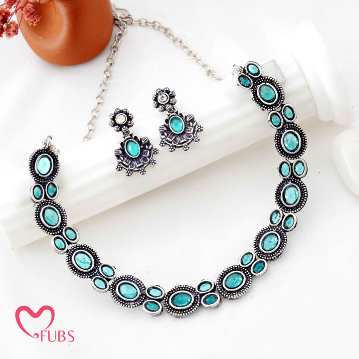 Traditional Single-Hued Oxidized Choker Set - Deep Aquatic Stone