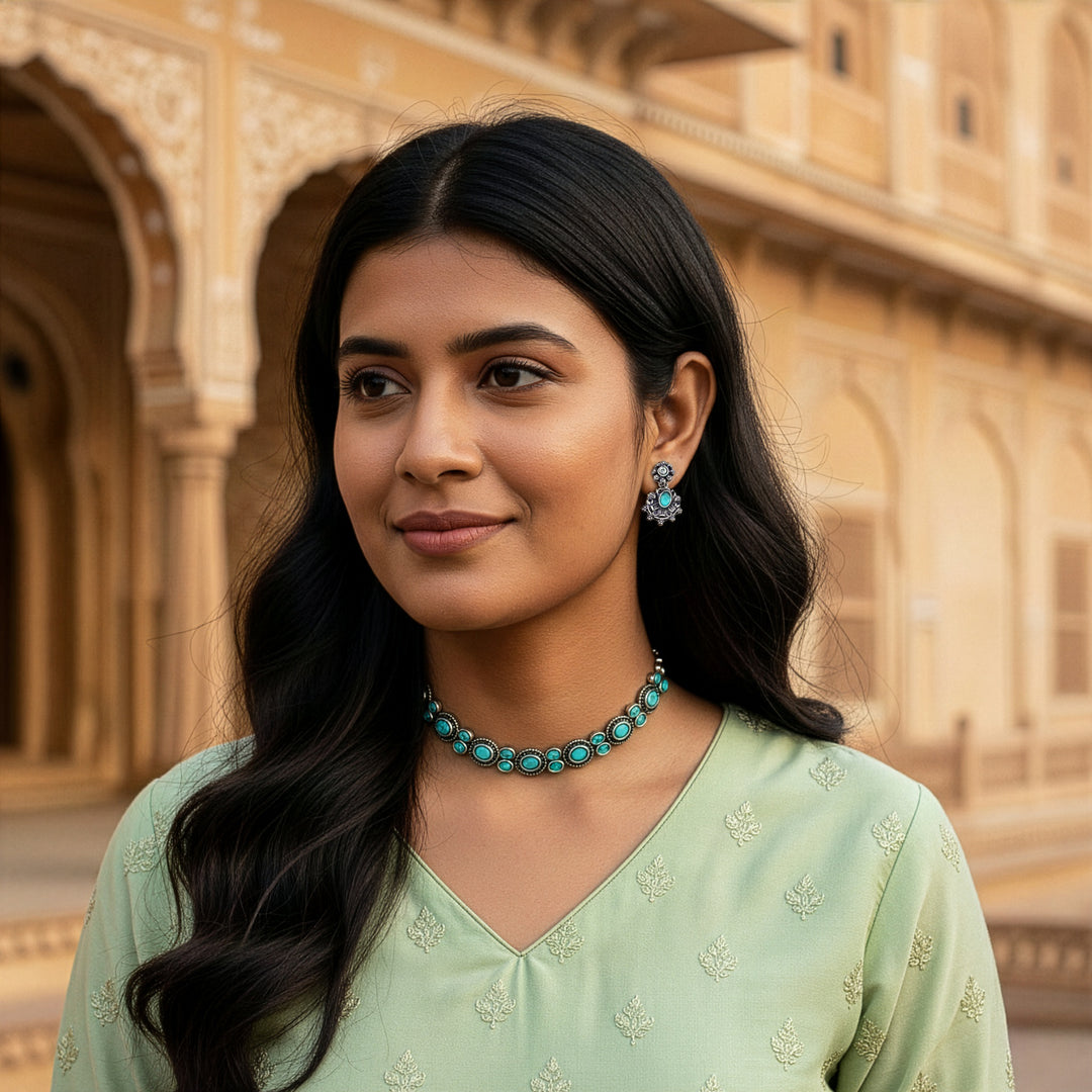Traditional Single-Hued Oxidized Choker Set - Deep Aquatic Stone
