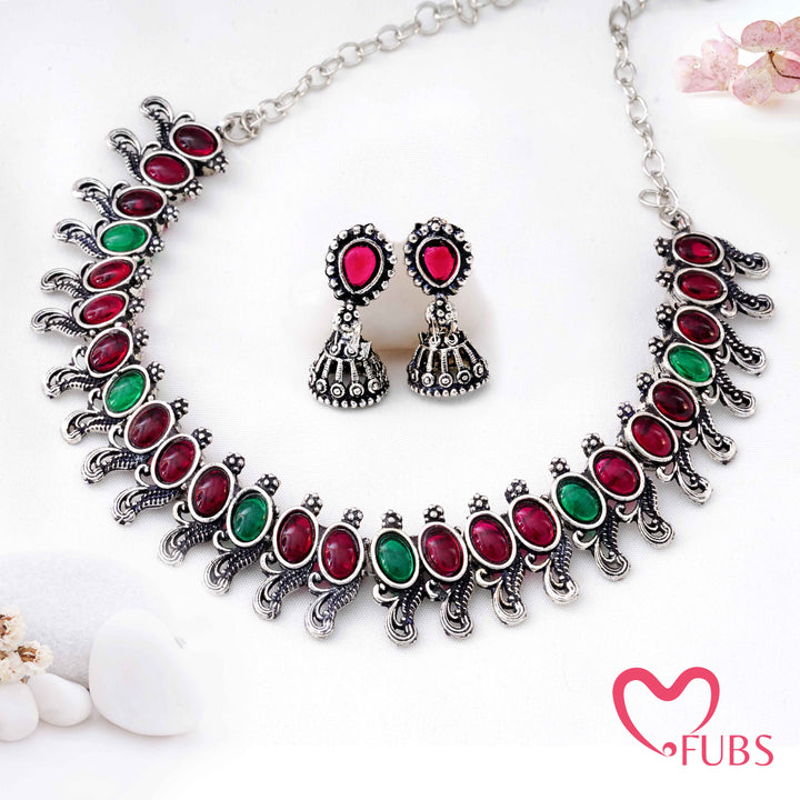 Traditional Oxidized Choker Set with Mini Jhumkas