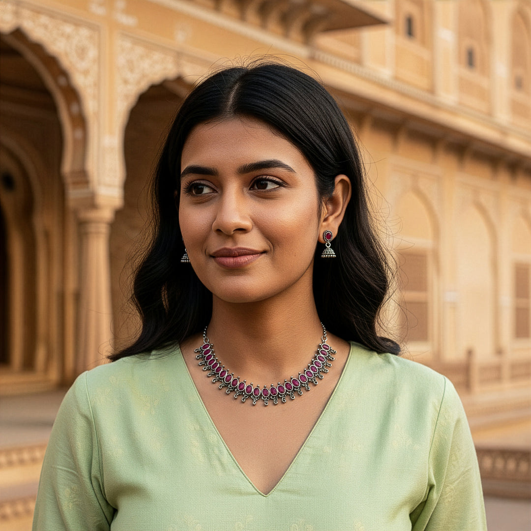 Traditional Oxidized Choker Set with Mini Jhumkas