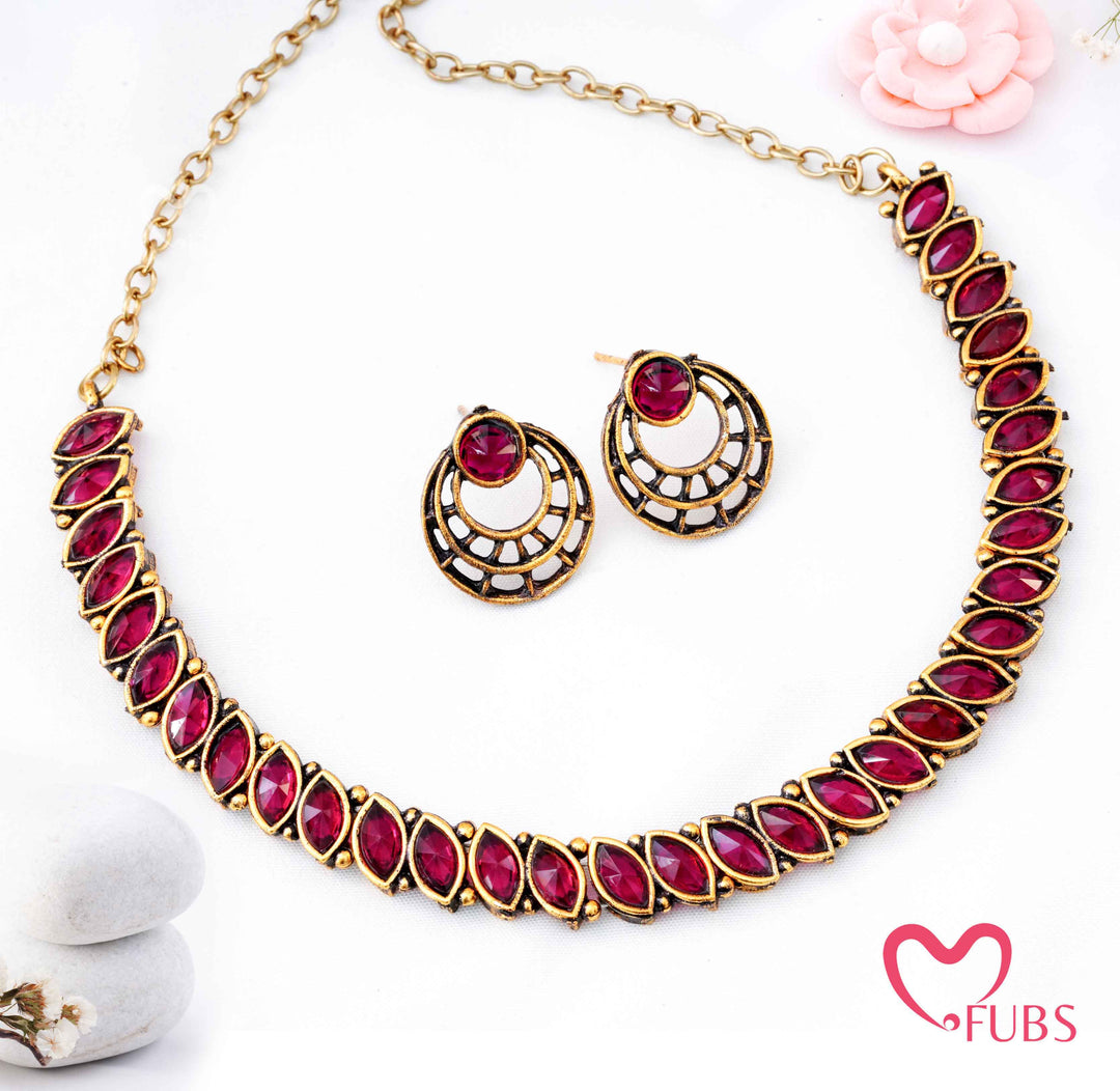 Traditional Marquise Stone Choker Set - Antique Gold Finish