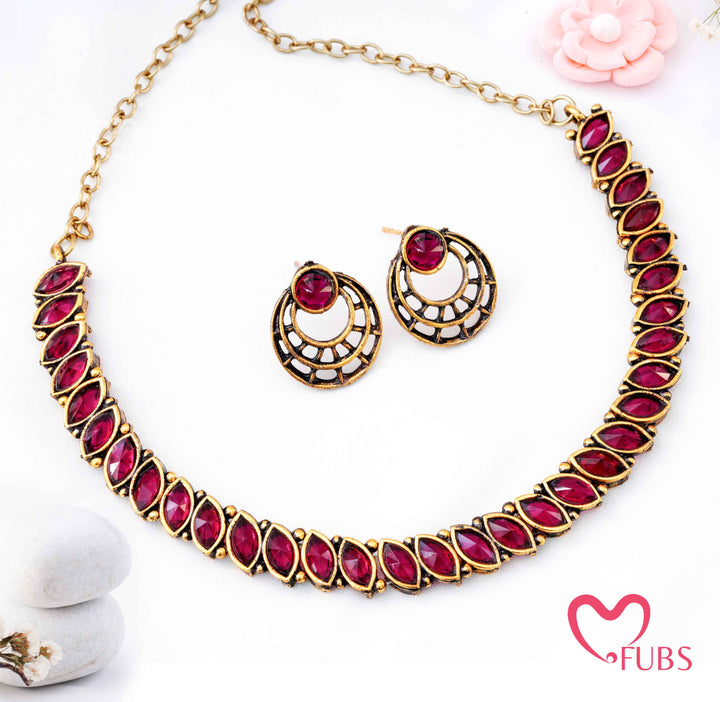 Traditional Marquise Stone Choker Set - Antique Gold Finish