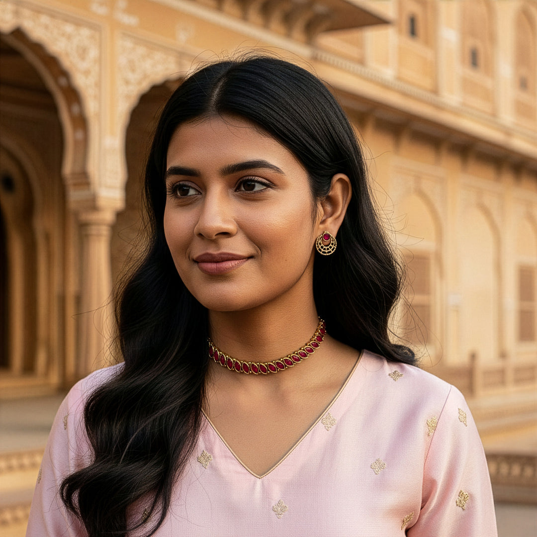 Traditional Marquise Stone Choker Set - Antique Gold Finish