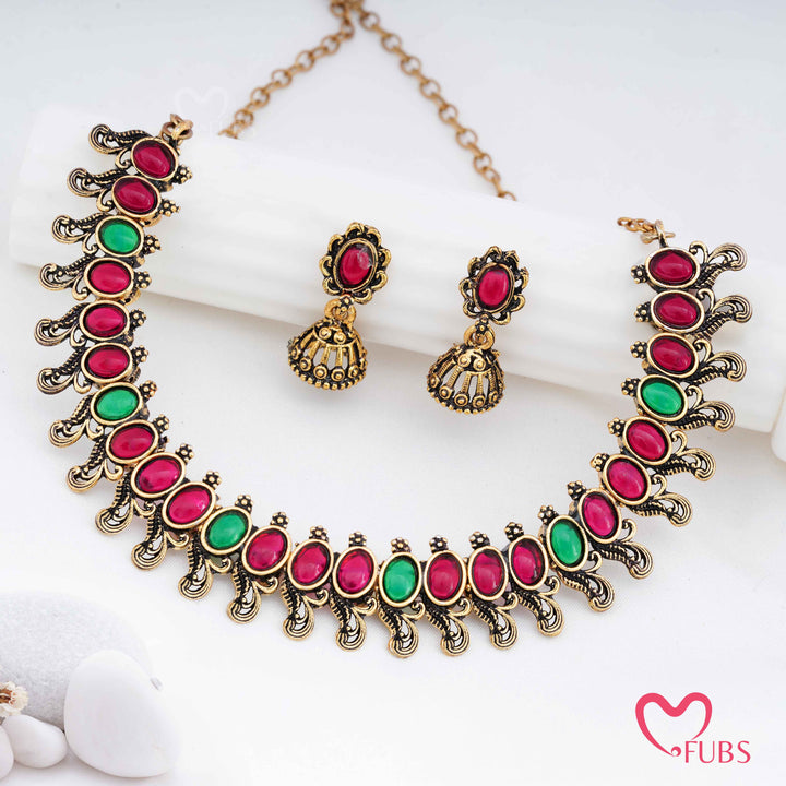 Traditional Temple Choker Set with Mini Jhumkas