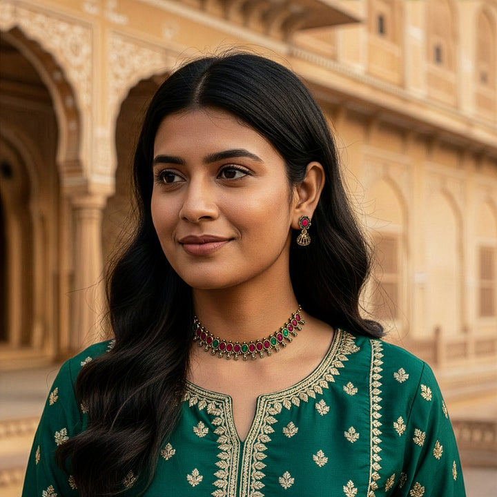 Traditional Temple Choker Set with Mini Jhumkas