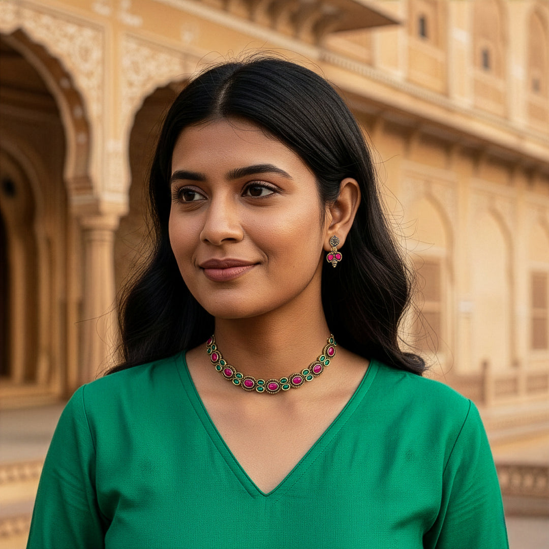 Traditional Antique Finish Oval Stone Choker Set