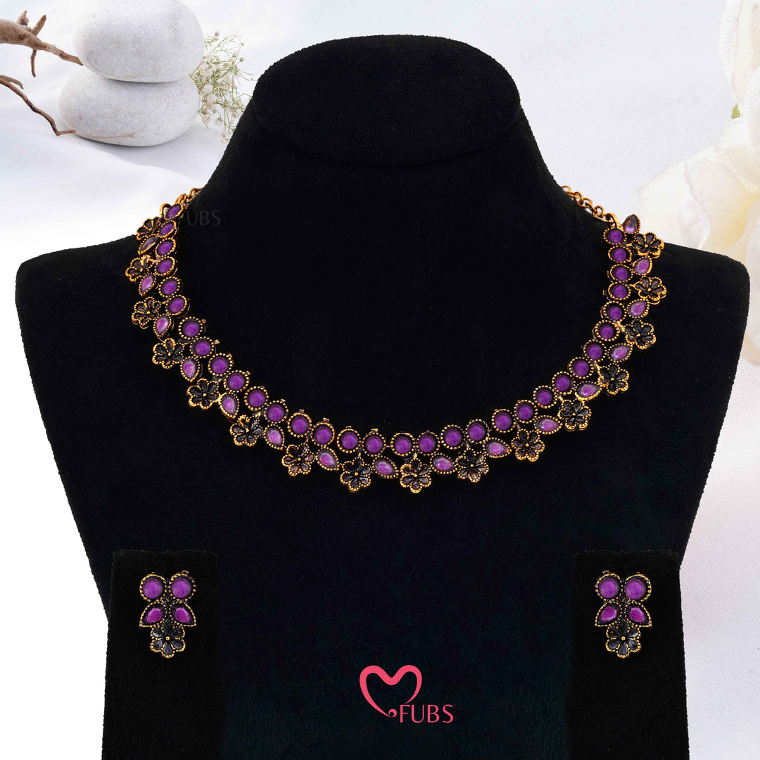 Dark Purple Stone Floral Cluster Choker