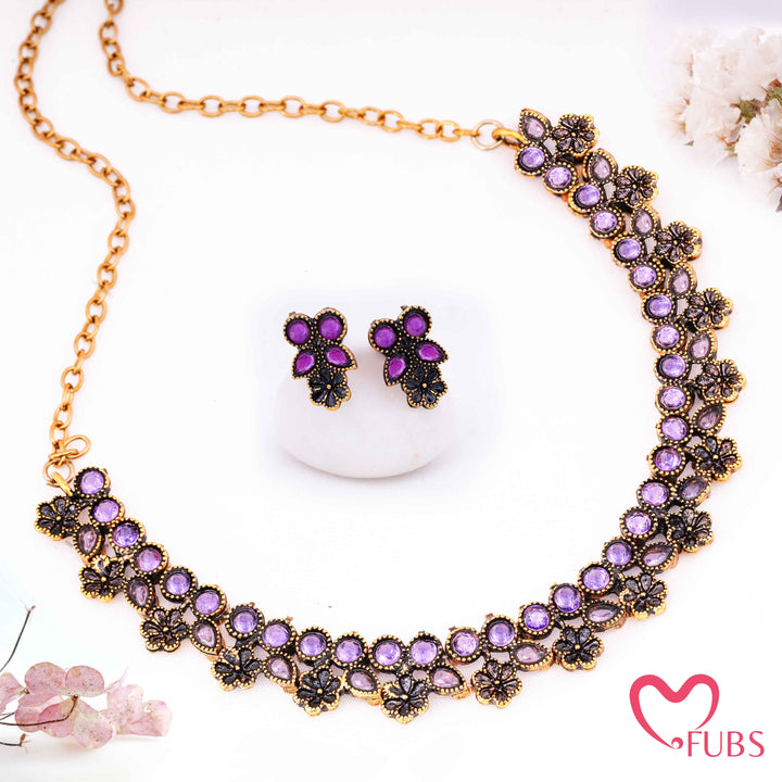 Dark Purple Stone Floral Cluster Choker