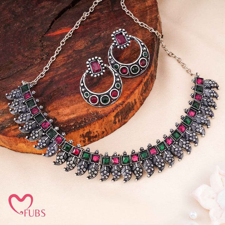 Maroon & Green Oxidized Choker Set - Antique Silver Finish