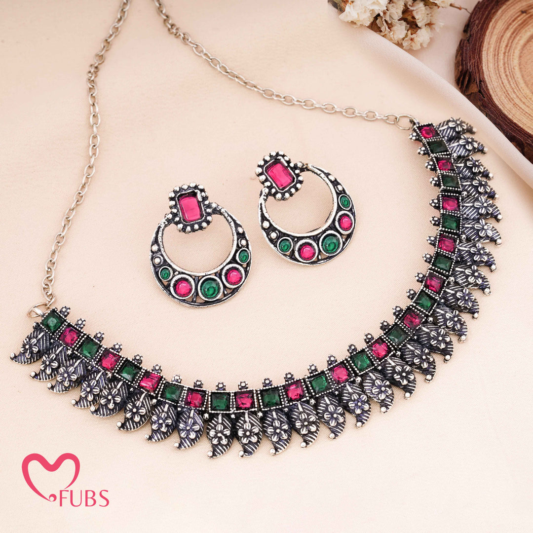 Maroon & Green Oxidized Choker Set - Antique Silver Finish