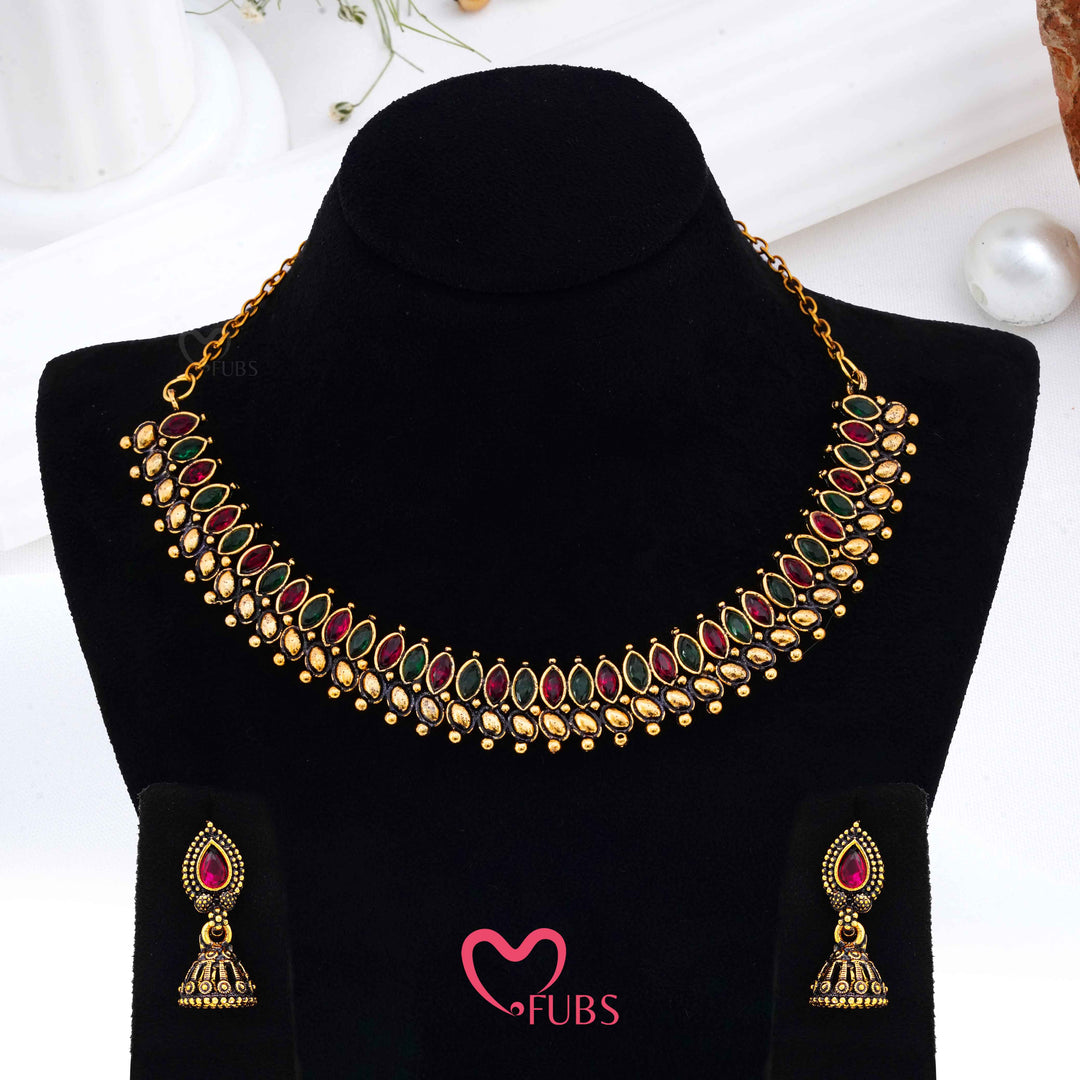 Antique Matt Finish Temple Necklace Set with Ruby & Green Kemp Stones