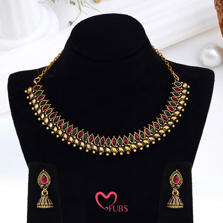 Antique Matt Finish Temple Necklace Set with Ruby & Green Kemp Stones